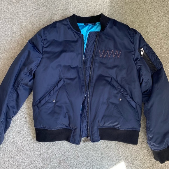 Navy Blue Embroidery Bomber Jacket with Blue Silk Lining - Picture 1 of 9